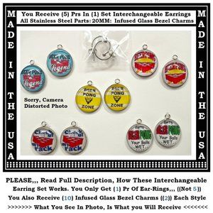 5/$20 Beer Pong Party Fun Drinking Interchangeable Charm Earrings-5 Pairs in Set